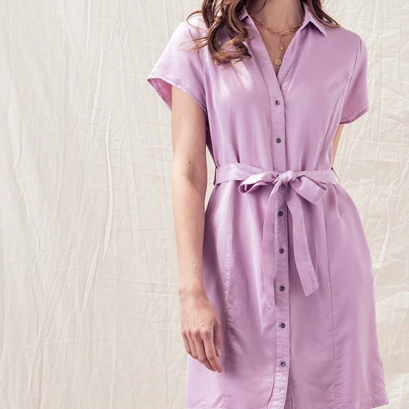 NWOT Purple Chambray Button Front Tie Waist Short Sleeve Dress With Pockets - Picture 2 of 5